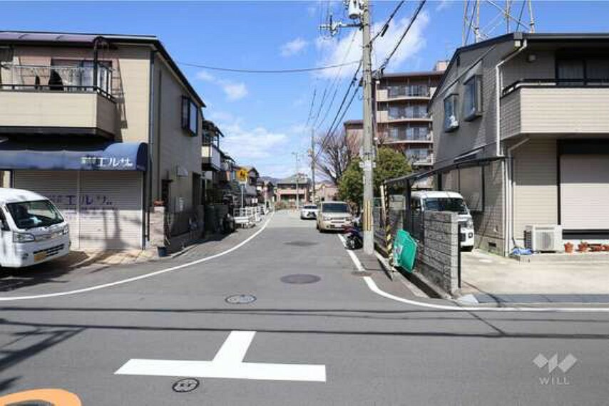 現況写真 物件の西側前面道路（南側から）南西角地で、北側も公園に隣接しているため陽当たり良好です！