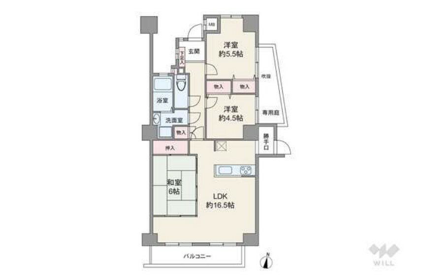 間取り図 間取りは専有面積77.42平米の3LDK。専用庭付き、LDK約15.5帖のプラン。複数方向に採光部があり、バルコニー面積は6.48平米です。