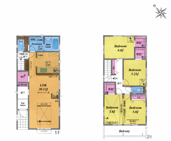 間取り図 居室3部屋の3（4）LDKです。居室空間をすっきり保てる3WIC付です。収納家具を設置することで大容量収納ができます。