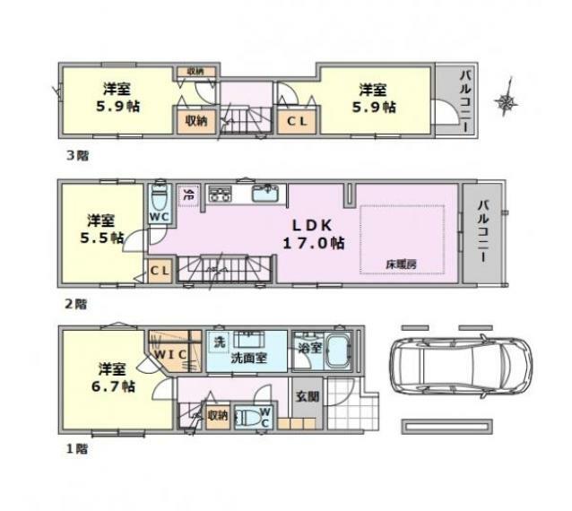 間取り図 ■建物面積:97.16平米の4LDK＋ビルトイン車庫付き新築戸建