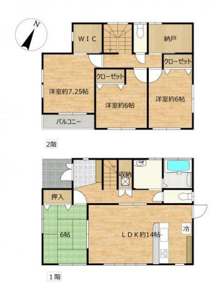 間取り図 全室南向きの4LDKです。1階2階共にトイレがあり、WICや納戸など収納スペースが多く生活しやすい間取りです。