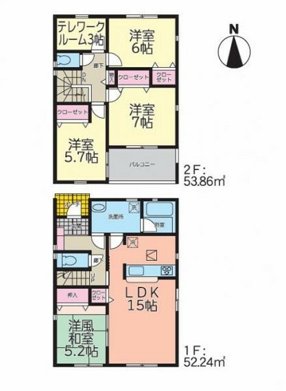 間取り図 3号棟　3帖のテレワークルームは趣味や読書の部屋、納戸としても使えます！