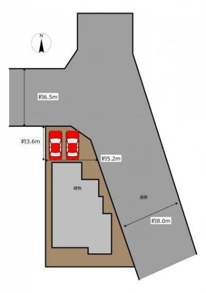 区画図 【区画図】お車は軽自動車2台停められるようになります。既存の車庫は解体します。是非現地でご確認ください。