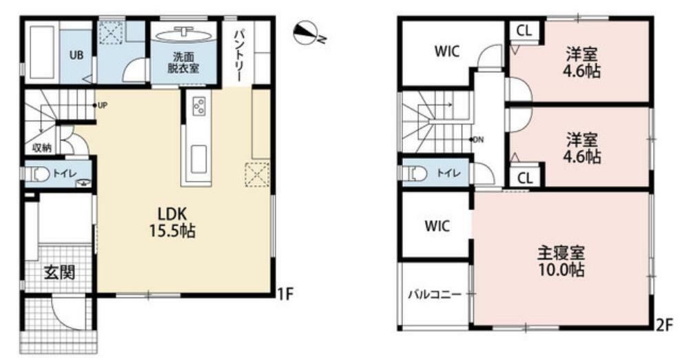 間取り図 1階は15.5帖LDK。キッチン横に大容量のパントリーあり。洗面室と脱衣室が分かれたタイプ＾＾2階には3洋室と居室から独立したWIC付き＾＾