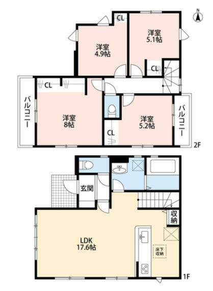 間取り図 リビング階段でご家族が自然に顔を合わせられる間取り。2階は洋室が4部屋あるので、お子様が大きくなっても安心ですね＾＾