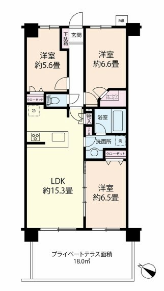 間取り図 3LDK＋ウォークインクローゼット＋専用庭付！（約18平米）大切な家族の一員でもあるペットと暮らせるファミリー向けのマンションです！