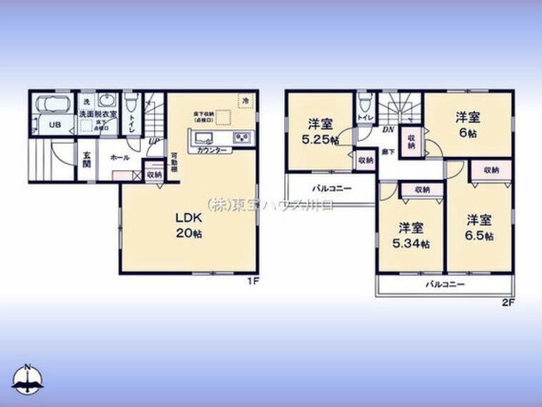 間取り図 間取図:対面キッチン付LDK2階に洋室4室南向きバルコニー2ヵ所
