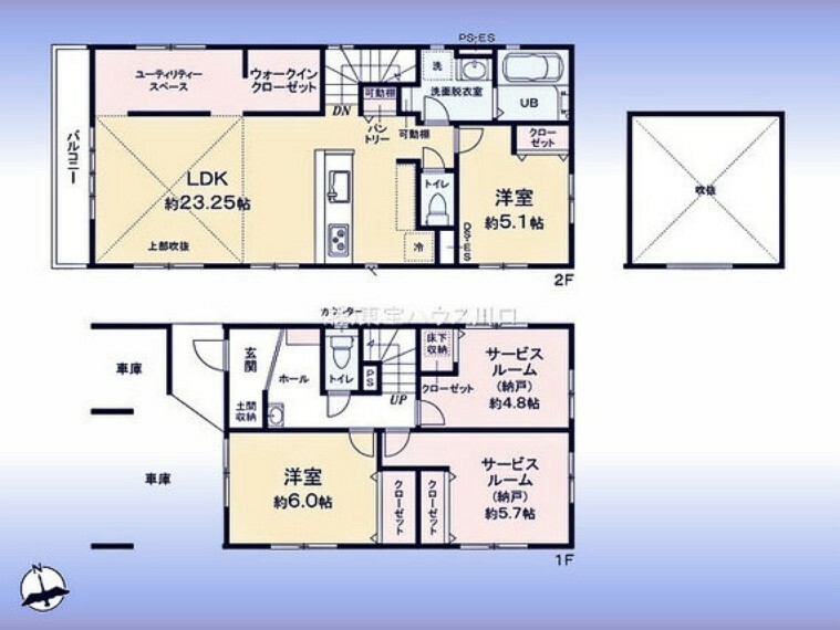 間取り図 間取図:2階に風呂＆洗面、対面キッチン付LDK＆パントリー1、2階に洋室2室1階の納戸2室は収納付で居室として使用可西向きバルコニー