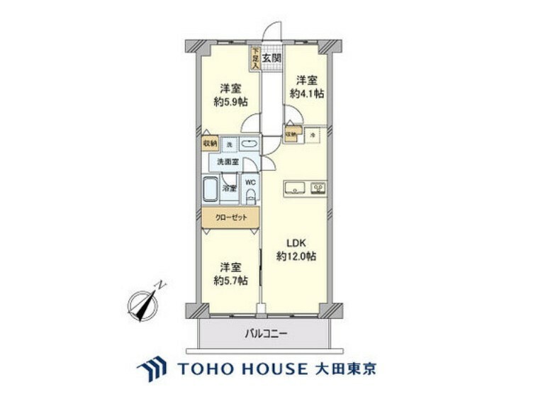 間取り図 3LDK、専有面積61.6m2、バルコニー面積7.84m2