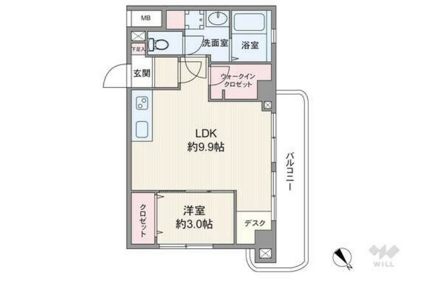 間取りは専有面積36.19平米の1LDK。室内廊下が短く居住スペースが広く確保されたプラン。LDKにデスクスペースとウォークインクロゼットがあるのも特徴的。バルコニー面積は5平米です。