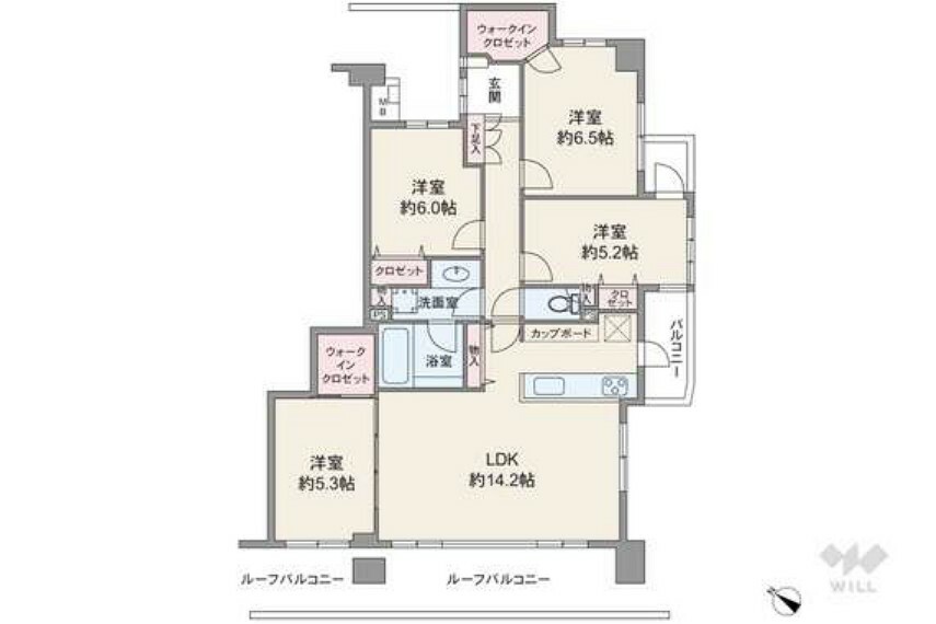 間取りは専有面積88.07平米の4LDK。バルコニー面積は3.18平米です。