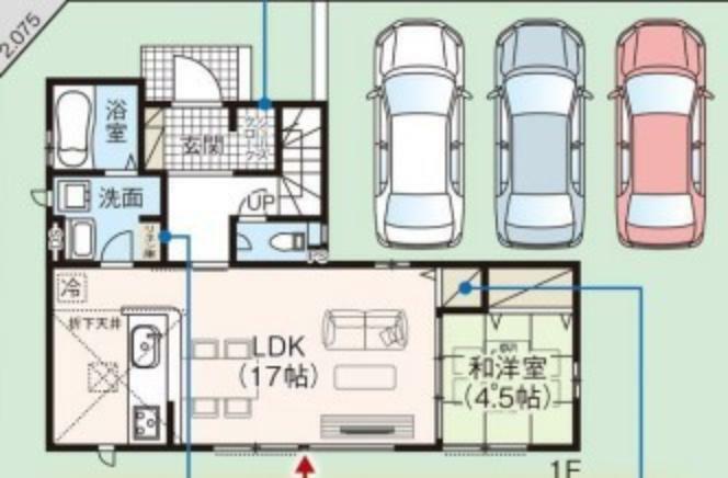 間取り図 1F間取り図 ～「畳コーナー」のあるLDK～ ・リビング脇に和室とは違う「畳コーナー」をご用意。仕切りが無く、一角が畳になっている仕様です。 ・お子様を寝かしつけたり、様々な用途にご利用可能。