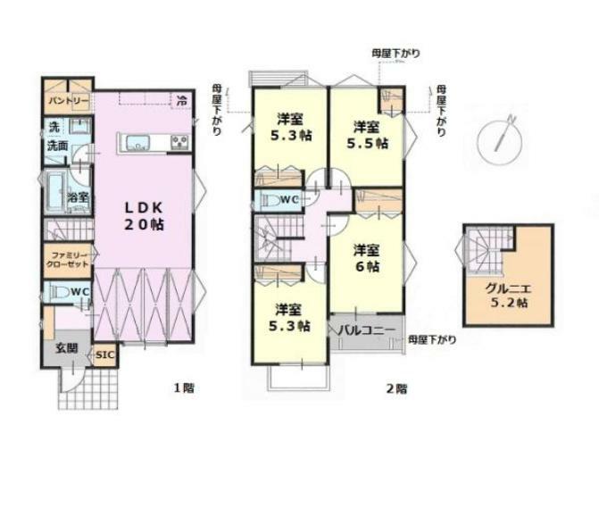 間取り図 ■建物面積:100.44平米の2階建て4LDK新築戸建■固定階段式で使いやすいグルニエ5.2帖付き