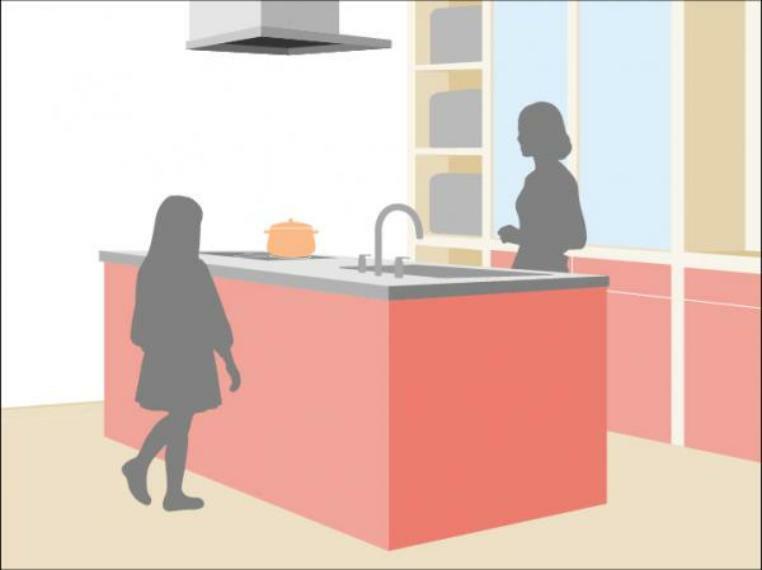 構造・工法・仕様 キッチンは、ご家族との会話が楽しめる対面カウンタータイプを採用。リビングで遊ぶお子様の様子をうかがいながらお料理もできます。頭上に棚のないオープンタイプなら開放感もいっぱい。