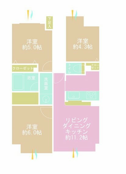 3LDK、専有面積57.02m2、バルコニー面積3.74m2