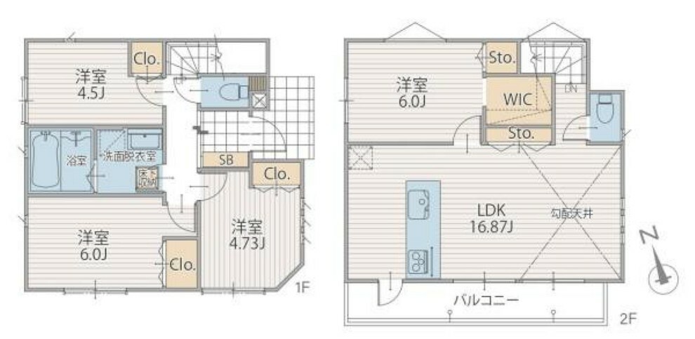 間取り図 リビングは開放感のある勾配天井仕様。全室2面採光につき通風良好。会話を楽しみながら家事ができるオープンキッチン採用。各部屋に収納があり住空間をスッキリ広く使えます。