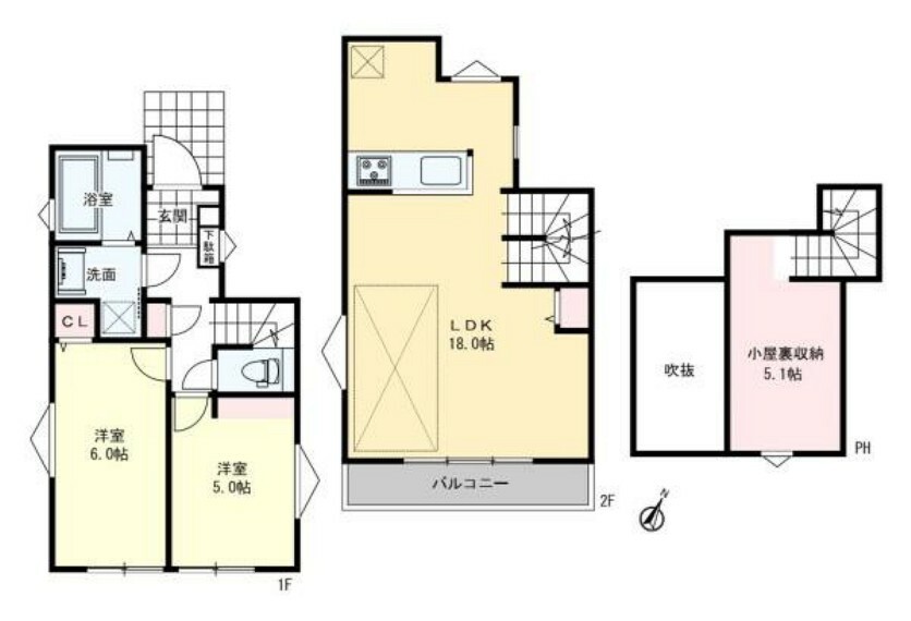 間取り図 2階リビング18帖＋小屋裏収納付2LDK