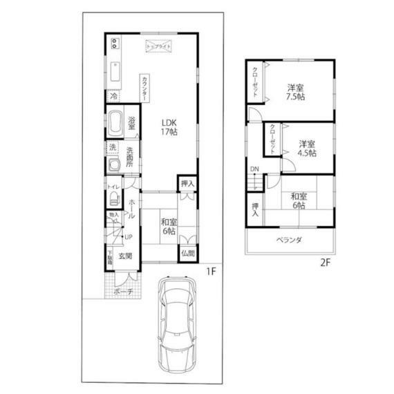 間取り図 ゆったりした広さのLDK17帖　駐車スペース1台分あり