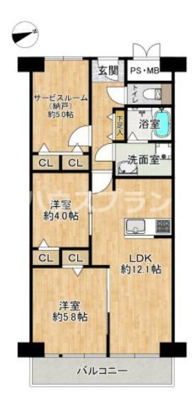 間取り図 全居室収納付きの2SLDK。リビングに隣接した洋室は居室として、リビングの延長として、 また来客スペースとしてなどと用途多様です。