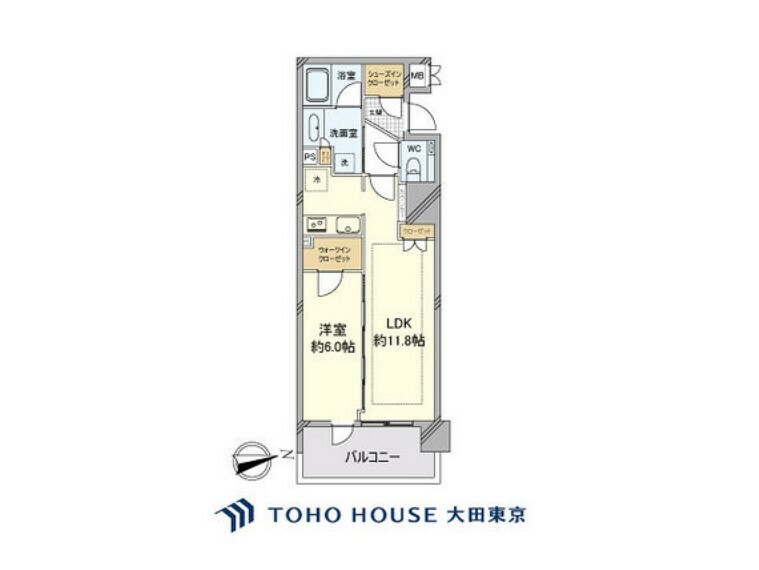 間取り図 1LDK、専有面積46.51m2、バルコニー面積7.56m2