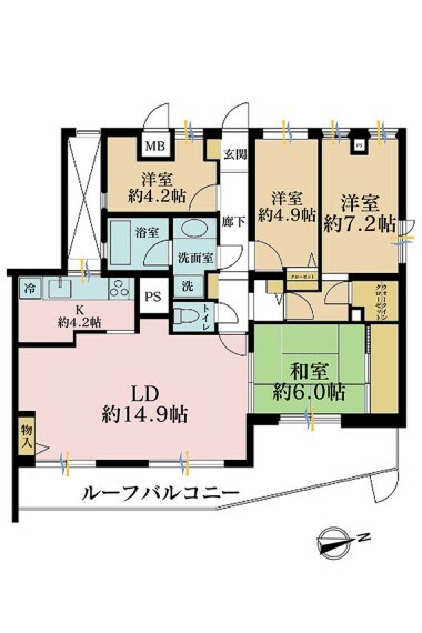 間取り図 4LDK、専有面積91.04m2、バルコニー面積18.1m2