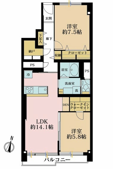 間取り図 2LDK、専有面積71.11m2、バルコニー面積7.17m2