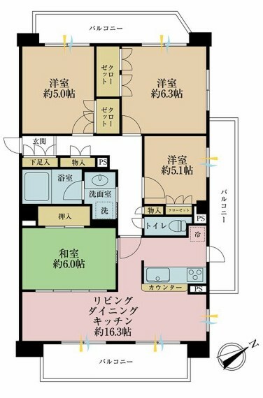 4LDK、専有面積86.8平米、バルコニー面積25.76平米