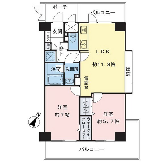 間取り図 三方角住戸、すべての居室にはバルコニーがあり、開放感も良好な2LDK。