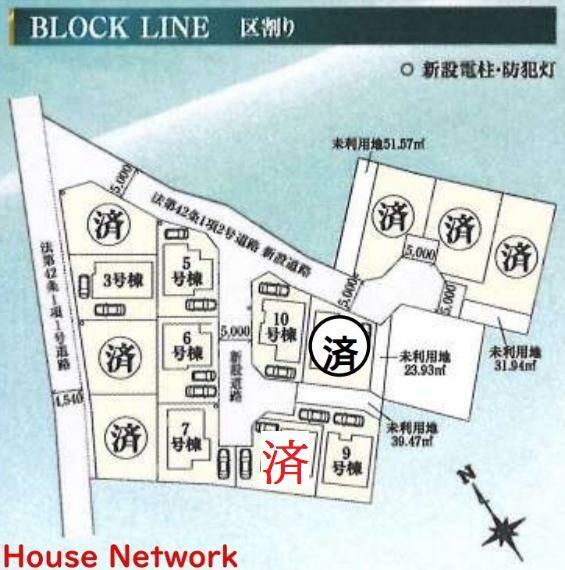 区画図 9号棟・建物は近隣の同建設会社施工の完成物件がご覧になれます。