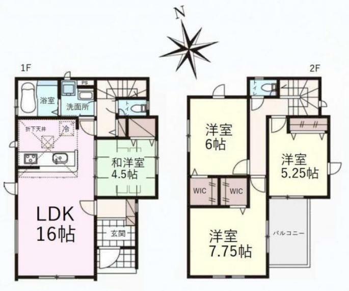 間取り図 建物面積:96.05平米、各室収納あり4LDK