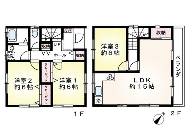 間取り図 全居室6帖以上＾＾LDK2階部分につき陽当り良好！作業動線が短いL字型キッチンです。