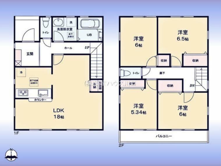 間取り図 間取図:対面キッチン付LDK2階に洋室4室南向きバルコニー
