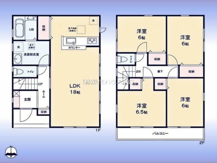 間取り図 間取図:対面キッチン付LDK2階に6帖以上洋室4室南向きバルコニー