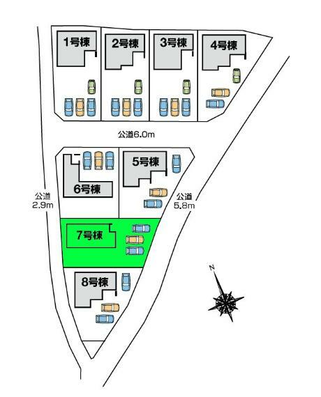 区画図 街並み揃った8棟新築分譲登場 両面接道に面した敷地面積は65坪以上！