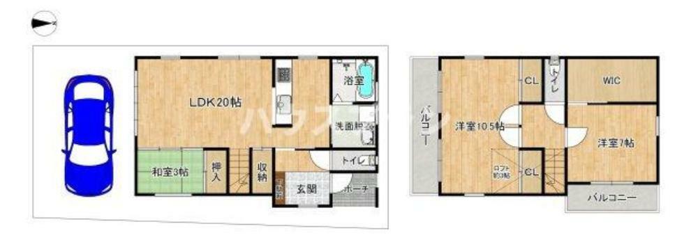 間取り図 ゆとりある広さの3LDK＋ロフト。リビング階段、対面式キッチンでコミュニケーションを 取りやすい間取りです！収納豊富で荷物が多くても安全です。 水回り設備がまとまっており、家事動線も確保！