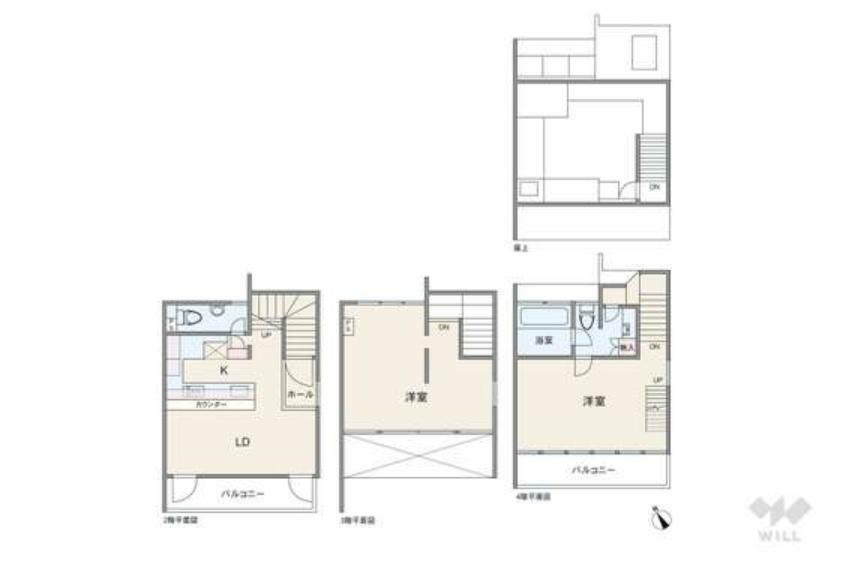 間取りは専有面積84.78平米の2LDK。広々とした屋上ルーフバルコニーが魅力的なプラン。各階に居室（LDK含む）が1部屋ずつ設けられています。