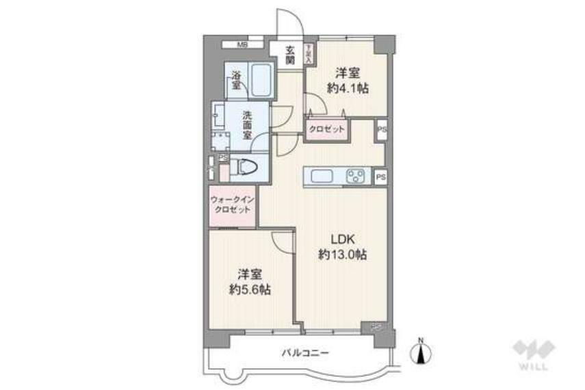 間取り図 間取りは専有面積55.89平米の2LDK。全居室洋室仕様のプラン。バルコニー面積は8.87平米で、LDKと洋室から出入り出来ます。