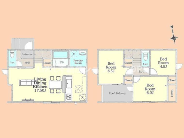 間取り図 1階は17.5帖の広々LDKに2階は収納豊富な3部屋がございます。ルーフバルコニー付きの住居ですのでお洗濯物はもちろんお子様のプールやBBQなどで思いで作りをされてみてはいかがでしょう