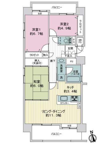 ライオンズマンション薬師堂第2(3LDK) 3階の間取り