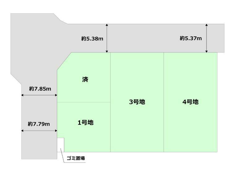 土地図面 全4区画の分譲地登場。建築条件無し土地の為、お客様のお好きなハウスメーカーで建築可能です。