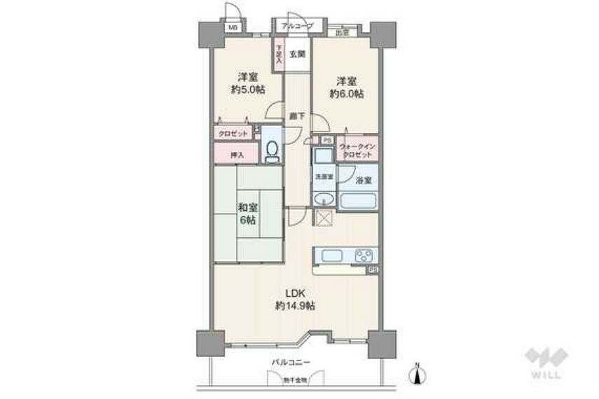 間取り図 間取りは専有面積70.66平米の3LDK。LDK約14.9帖のプラン。バルコニー面積は11.24平米です。