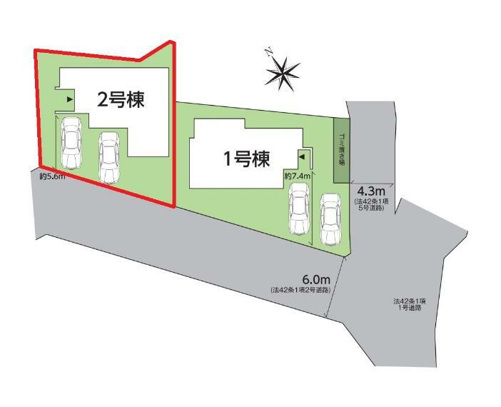 【2号棟区画図】土地面積161.80平米（48.94坪）・駐車3台可能（車種によります）