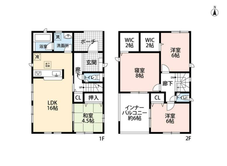 和室含む4LDK。1階は16帖LDKと隣接する和室で20帖以上の大空間＾＾ 2階は全居室ゆったり6帖以上、WIC2ヶ所＾＾