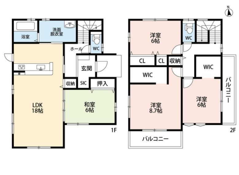 間取り図 1階はLDKと和室を合わせると約24帖の大空間＾＾広々とした洗面室や玄関のSICに注目＾＾ 2階は全居室ゆったり6帖以上＾＾WICとバルコニーが2ヶ所にあり＾＾