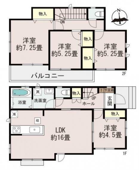 間取り図 1号棟:全室南向きで明るく朝もスッキリ起きれます。対面キッチンでお子様を見守りながらお料理出来ます。