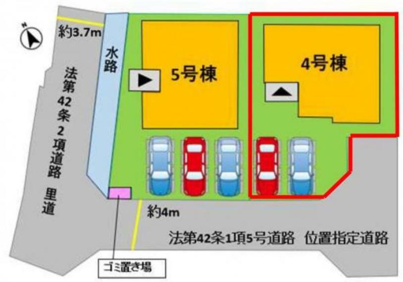 区画図 4号棟:配置図になります。並列2台駐車可能です。