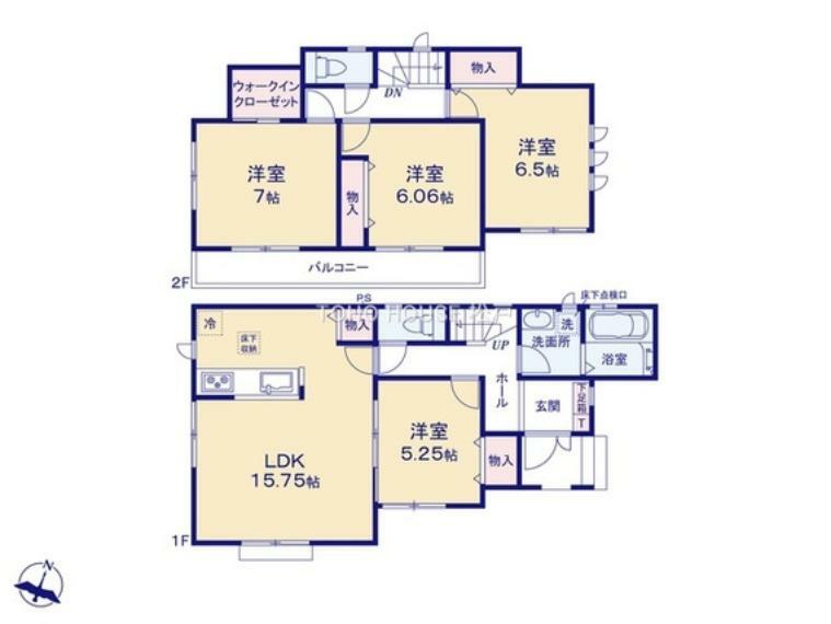 間取り図 1階の洋室には、廊下からも出入りする事が出来、便利な間取りとなっております。全居室南向きになっており、沢山の日差しが差込みます！是非一度ご見学下さい！