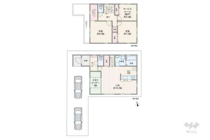 間取り図 間取りは延床面積101.02平米の3LDK。リビング階段のプラン。