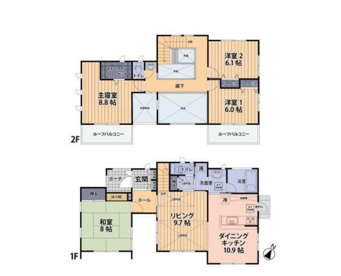 間取り図 全室6帖以上！ゆとりある広さと吹抜のある開放的な間取りプラン！ 2面採光のお住まいは室内にも明るい光が差し込み、心地よい風が吹き抜けます。