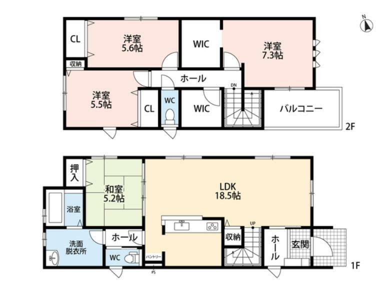 間取り図 LDKと和室を合わせると23帖以上の大空間となります。加えてご家族とコミュニケーションを取りやすいリビング階段採用。
